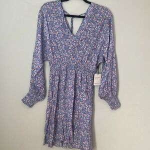 NWT Japna Dainty Floral Blue‎ Pink White Long Sleeve Mini Dress Cottage Boho